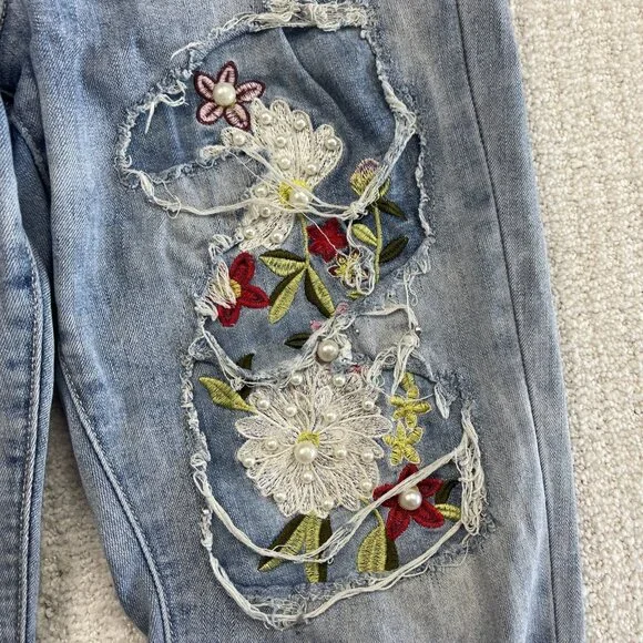 Joseph Ribkoff Jeans Blue Floral / Pearl Embellished Distressed Women Read - Picture 8 of 13